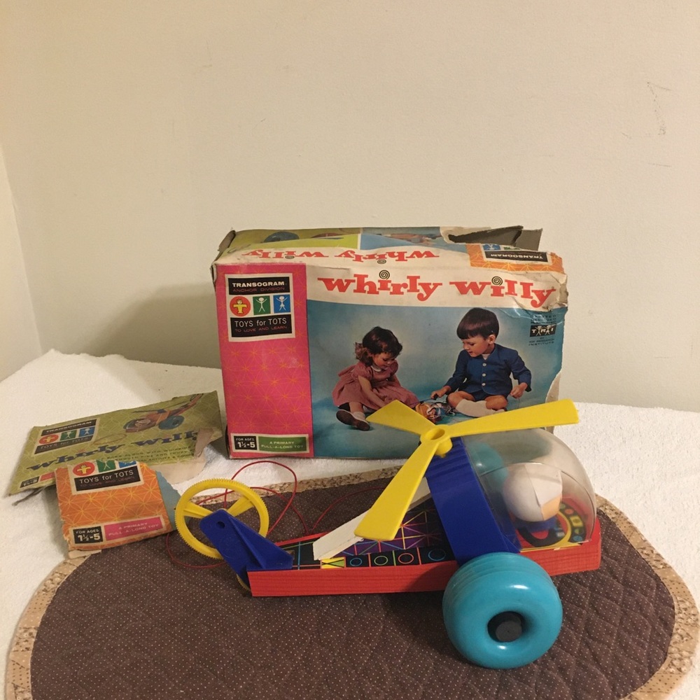 Vintage 1964 Whirly Willy Pull A Long Toy With Box Transogram Company Works RARE